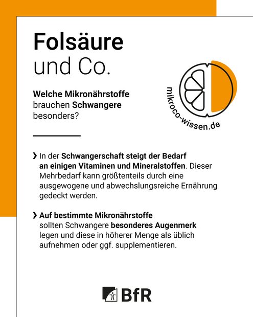 Fols&auml;ure und Co - Welche Mikron&auml;hrstoffe brauchen Schwangere besonders? In der Schwangerschaft steigt der Bedarf an einigen Vitaminen un Mineralstoffen. Dieser Mehrbedarf kann gr&ouml;&szlig;tenteils durch eine ausgewogene und abwechslungsreiche Ern&auml;hrung gedeckt werden. Auf bestimmte Mikron&auml;hrstoffe sollten Schwangere besonderes Augenmerk legen und diese in h&ouml;herer Menge als &uuml;blich aufnehmen oder ggf. supplementieren. 